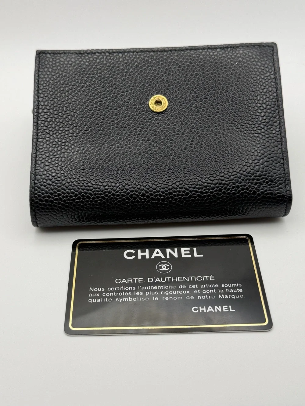 CHANEL Black Caviar Leather Compact Trifold Wallet